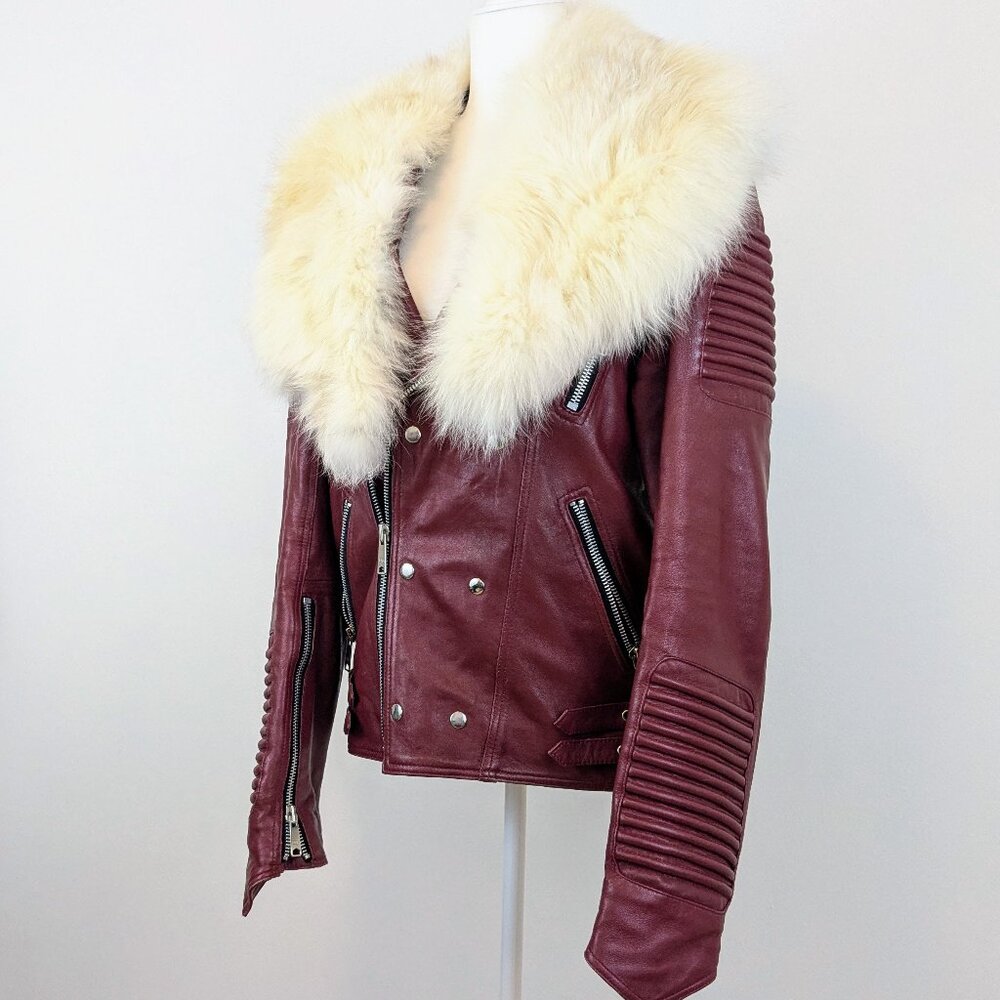 Vintage Retro Darucci Leather Motto Jacket Fox Fur Collar